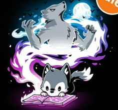 an illustration of a wolf reading a book in front of a fire and moon background