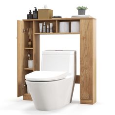 a white toilet sitting next to a wooden shelf