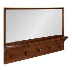 a wooden mirror and coat rack with three hooks