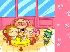 an animated image of three little pigs having tea with each other in front of a window