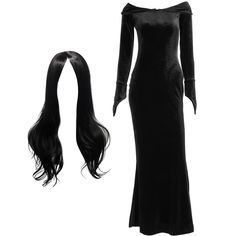 a woman's long black wig and dress on display in front of a white background