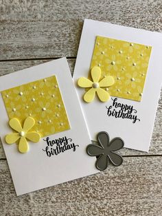 two cards with yellow flowers on them and the words happy birthday written in black ink