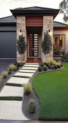 a modern house with landscaping in the front yard and grass on the side walk leading up to it