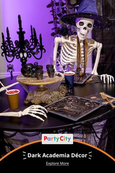 a skeleton sitting at a table in front of a purple background with text that reads party city dark academy decor explore more