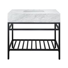 a white marble top and black metal frame bathroom vanity sink with an open shelf underneath it