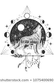 a drawing of a wolf in the middle of a circle with stars and circles around it