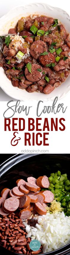 slow cooker red beans and rice with text overlay that reads slow cooker red beans and rice