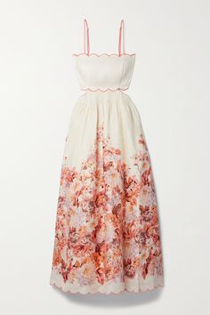 Zimmermann's 'Devi' dress is perfect for outdoor weddings or garden parties. Made from lightweight linen, it has scalloped trims highlighting the square neckline and side cutouts. The floaty midi skirt is printed with bouquets of vibrant blooms - match your lipstick or nails to the pink hues. Zimmerman Linen Dress, Zimmerman Dress Floral, Graduation Dress For Mom, Fall Fashion Colors, Zimmerman Dress, Capsule Wardrobe Outfits, Fashion Capsule Wardrobe, Color Trends Fashion, Zimmermann Dress