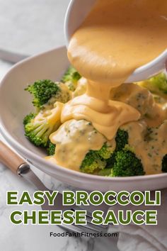 broccoli and cheese sauce being drizzled over it in a white bowl