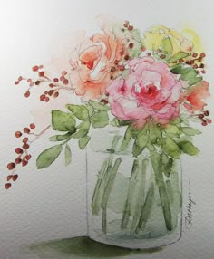 a watercolor painting of flowers in a vase