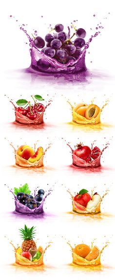 four different fruits are splashing into each other