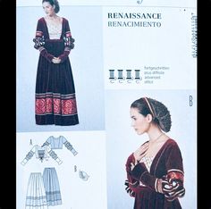 This is an original pattern. It is uncut. Contains pattern and instructions to complete a beautiful two piece Renaissance style dress, with corset top and full skirt. Headpiece pattern is included. Instructions are in English, French and Spanish. Size 10-24 Bust 33-45 1/2" Waist 26-38 3/4" Hips 35 1/2-48" Complete with all pieces and instructions.  Vintage items have lived a previous life, thus they may show signs of wear, such as stains, creases, tears, foxing, marks or pinholes. We do our best Ren Faire Dress, Plus Size Patterns, Costume Patterns, Size Pattern, Dress Sewing Pattern, Historical Costume, Corset Top, Corset Dress, Mode Vintage