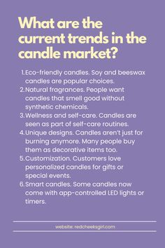 a purple poster with the words what are the current trend in the candle market?