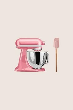 a pink mixer with a wooden stick next to it