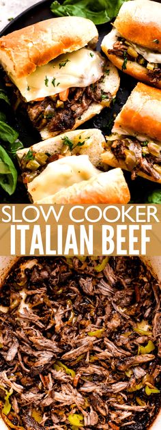 slow cooker italian beef sandwiches on a pan with basil leaves and cheese in the background