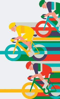 three people riding bicycles on colorful lines in the shape of an abstract background with stripes