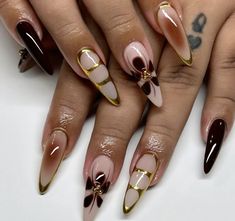 Girly Acrylic Nails, Classy Acrylic Nails, Oval Nails, Brown Nails, Luxury Nails, Fire Nails, Funky Nails, Pretty Acrylic Nails, Fancy Nails