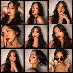 a collage of different photos of a woman with red lipstick