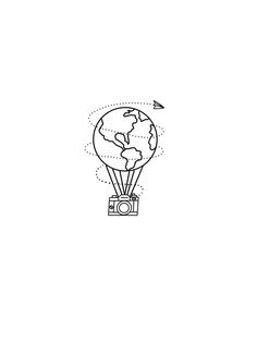 a drawing of a hot air balloon with the earth in it's center and an arrow