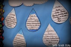 paper raindrops with writing on them are hanging from the ceiling in front of a bulletin board