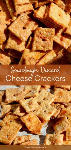 some food that is sitting on top of a table and in front of the words, sourdough diced cheese crackers