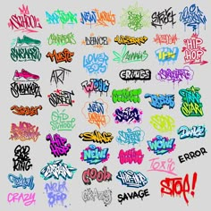 various graffiti font and colors on a white background