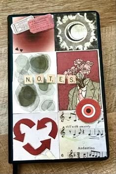 journal cover with black and red photos. Collage style journal cover with red hearts, music notes, moon images, collage letters, red flowers, and a red evil eye. Red Sketchbook Aesthetic, Sketchbook Covers Ideas Aesthetic, Front Page Art Sketchbook, Aesthetic Journal Front Cover, Sketchbook Covers Aesthetic, Art Sketchbook Cover Ideas Aesthetic, Front Cover Design Sketchbook, Handmade Sketchbook Cover, Gcse Art Front Cover