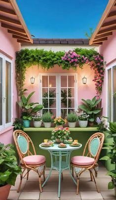 an outdoor patio with potted plants and two chairs next to a small table in front of a window