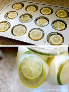 there are lemons, limes and water in the cupcake pan on the counter