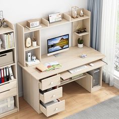 a computer desk with drawers and a monitor