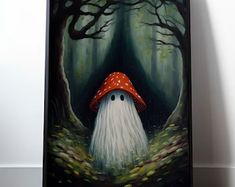 a painting of a mushroom in the woods