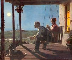 a painting of two people sitting on a porch swing with the caption, night and day