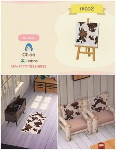 an image of a living room with cow rugs on the floor and other pictures