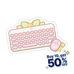 a sticker with a pink keyboard and bow on the top, next to it is a 50 % off sale sign