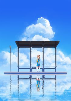 a person standing on a platform in the middle of water with clouds and blue sky