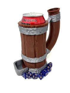 a wooden beer mug with dice in it