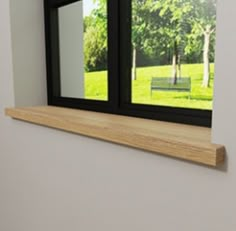 an open window with a bench in the background