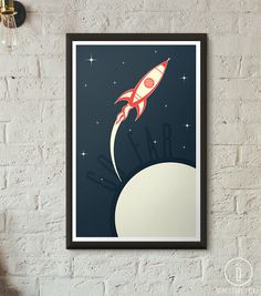 an art print of a rocket ship flying over the moon with stars in the background