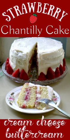 A slice of layer cake with strawberries between the layers and cream cheese frosting. Easy Moist Vanilla Cake Recipe, Easy Moist Vanilla Cake, Strawberry Chantilly, Moist Vanilla Cake Recipe, Cake With Fresh Strawberries, Chantilly Cake, Easy Vanilla Cake, Easy Vanilla Cake Recipe, Cake With Strawberries