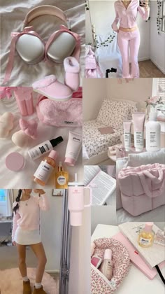 a collage of photos with pink and white items