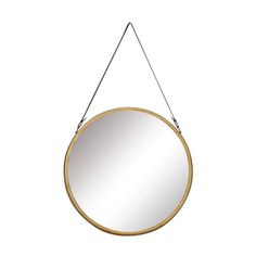 a round mirror hanging from a metal hook on a white wall with a black cord