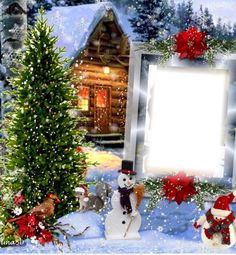 a man sitting in front of a christmas scene with snowmen and trees on the ground