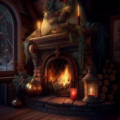 a fireplace with candles and christmas decorations around it