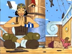 an animated image of a man sitting on top of a boat with other people around him