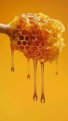 honey dripping from a wooden spoon into a honeycomb on a yellow and orange background