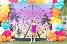 Ombre ferris wheel backdrop with pink, orange, blue, yellow and white balloon garland. Disco ball accents. festival themed sweet 16 birthday party, festival party, boho festival party, boho festival ideas, boho party ideas, festival party ideas, festival balloons, sweet 16 party ideas, sweet 16 birthday, 16 birthday, scottsdale arizona Coachella Party Theme, Coachella Party Ideas, Coachella Theme Party, White Balloon Garland, Coachella Birthday, Festival Themed Party, Tree Props