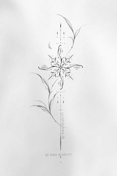 a drawing of a cross with flowers on it's side and an arrow in the middle