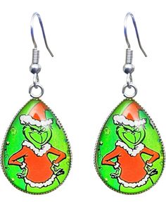 the grin face is wearing santa claus's hat and green background with silver earwires