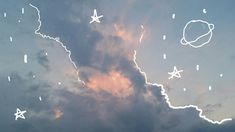 an airplane is flying in the sky with clouds and stars above it, as seen from below