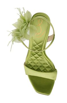 A whimsical floral appliqué enriches the ankle of an occasion-ready sandal framed by an angular square toe and flare heel. 4 1/2" heel (size 8.5) Adjustable ankle strap with buckle closure Textile upper and lining/rubber sole Imported Chunky Heel Shoes, Green Heels, Strap Sandals Women, Shoe Inspo, Shoe Closet, Floral Applique, Colourful Outfits, Sandal Women, Ankle Strap Sandals